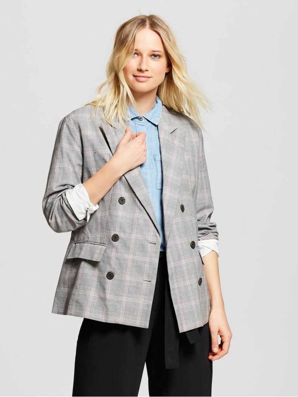 WHO WHAT WEAR Plaid Roll-Up Cuff Poplin Blazer